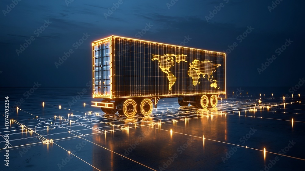 Aufkleber Glowing Semi Trailer Truck Representing the Power of Generative in Global Logistics Navigating a Network Grid on a Dark Blue Background at Night