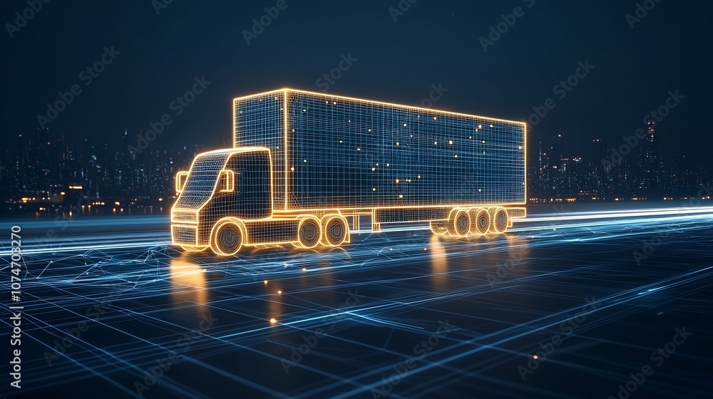 Poster glowing semi trailer truck soaring above a dark blue network grid symbolizing the transformative inf