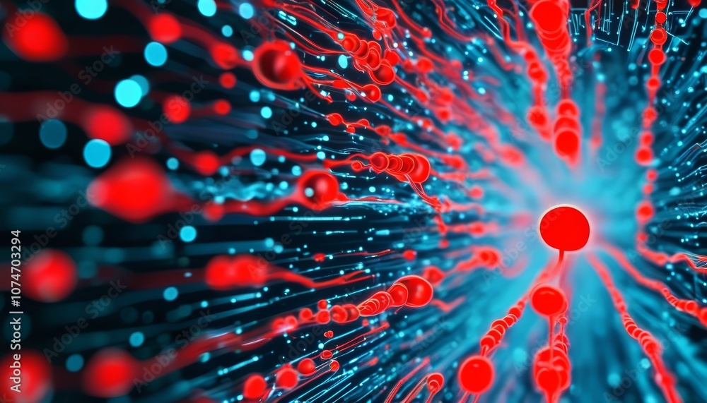 Poster dynamic visualization of molecular interactions with vibrant red and blue particles in a scientific 