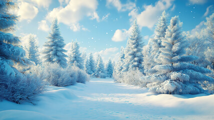 Winter landscape with snow and Christmas trees for a Merry Christmas and Happy New Year greeting