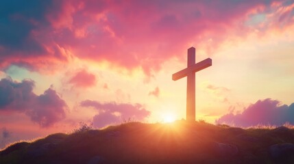 Cross on a Hilltop at Sunset
