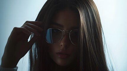 Fototapeta premium A close-up portrait of a young person with long, straight hair. They are wearing stylish sunglasses, with one hand adjusting the frame, creating a subtle yet confident gesture.