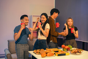 drinks and conversation, social gathering and get together. Young people, group and happiness at...