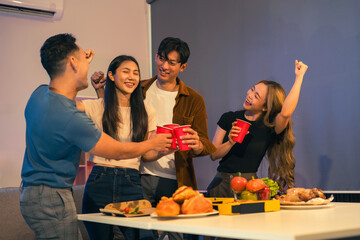 drinks and conversation, social gathering and get together. Young people, group and happiness at...