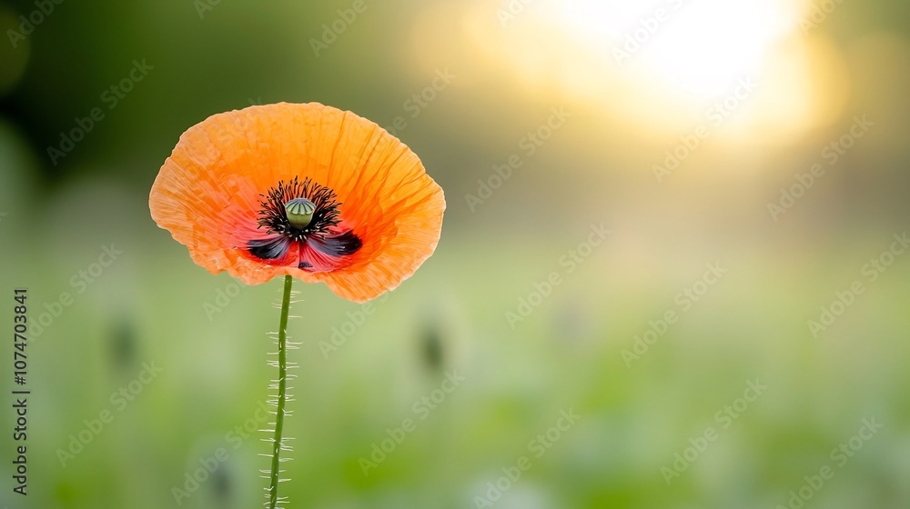 Aufkleber A vivid and detailed close up shot of a poppy flower in full bloom showcasing the sharp details of the delicate red petals and stamens with a dreamy and soft bokeh flare in the background