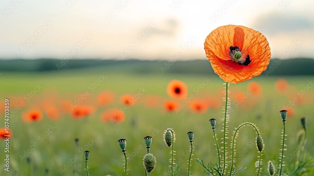 Poster A vivid close up shot showcasing the sharp details and vibrant petals of a poppy flower in full bloom set against a dreamy soft bokeh flare in the background
