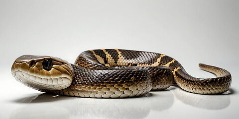 Obraz premium a coiled snake with various unique patterns and types, lying on a white background. Realistic view. created with generative AI