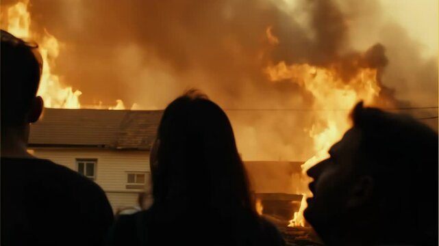 People observing a house on fire, surrounded by smoke and flames, evoking a sense of urgency and drama. Ideal for themes related to danger and resilience.