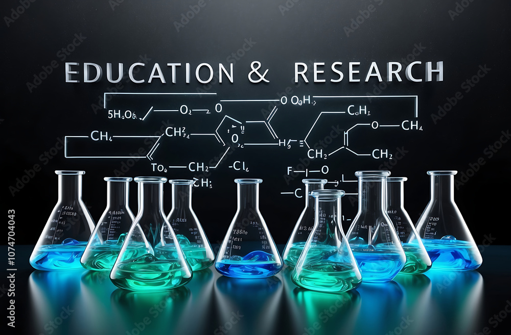 Poster education and research concept with digital chemical formulas and flasks on dark background. 3d rend