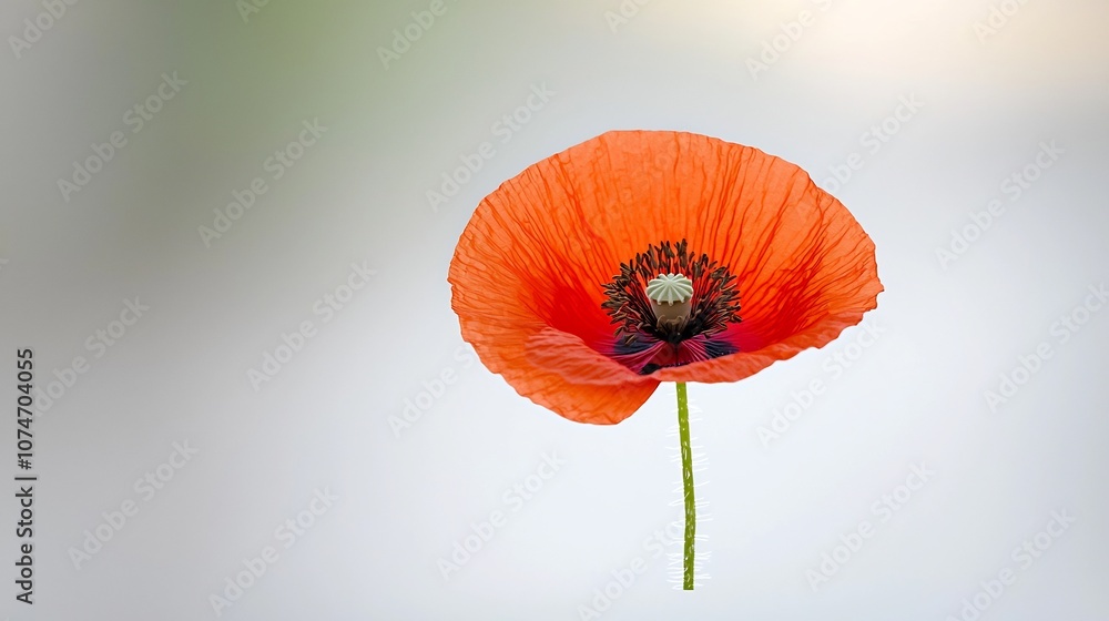 Poster Detailed close up of a vibrant red poppy flower showcasing the intricate textures of the velvety petals and delicate stamens with soft bokeh flares adding an elegant