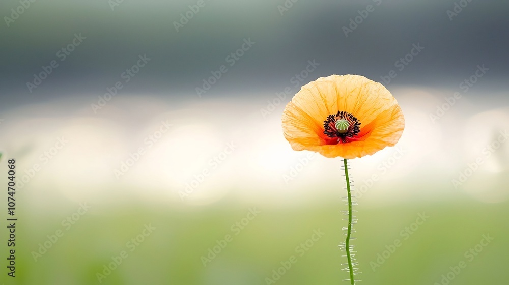 Aufkleber Macro close up image showcasing the delicate and vibrant petals of a poppy flower with its central stamens in sharp focus set against a soft