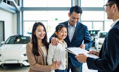 Asian Family Reviewing Car Purchase Documents with Sales Representative