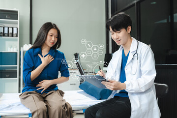 Fototapeta premium woman patient filling insurance legal document at appointment with doctor. woman patient signing medical treatment contract, agreement form for taking medic care service, consultation, therapy