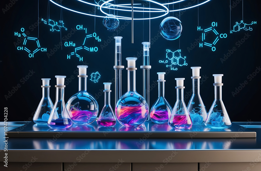 Poster education and research concept with digital chemical formulas and flasks on dark background. 3d rend
