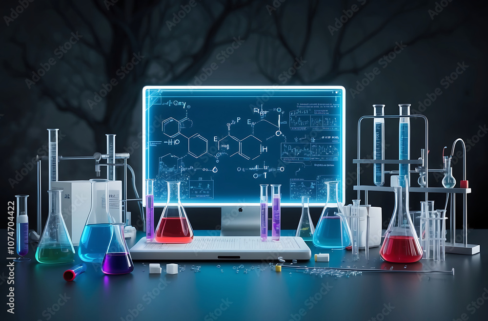Poster education and research concept with digital chemical formulas and flasks on dark background. 3d rend