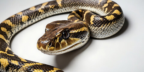 Fototapeta premium a coiled snake with various unique patterns and types, lying on a white background. Realistic view. created with generative AI