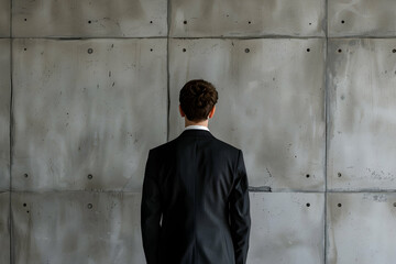 Obraz premium Back view of young businessman in formal wear standing near wall in office
