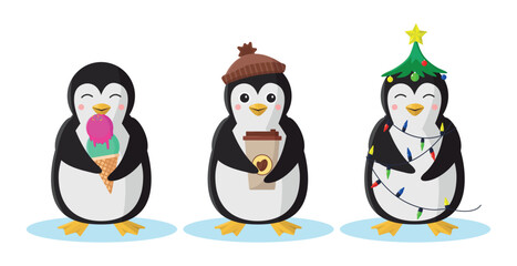 Set of cute penguin icons. Penguin with ice cream, with coffee and in the form of a Christmas tree.