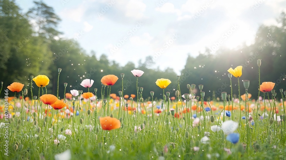 Aufkleber stunning scenic view of a sprawling poppy field in full bloom filled with radiant colors and illumin