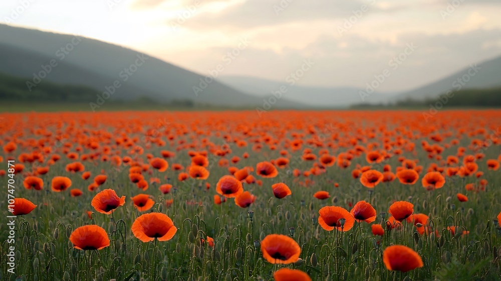 Poster vast colorful poppy field in full bloom bathed in soft warm sunlight and gentle flares representing 