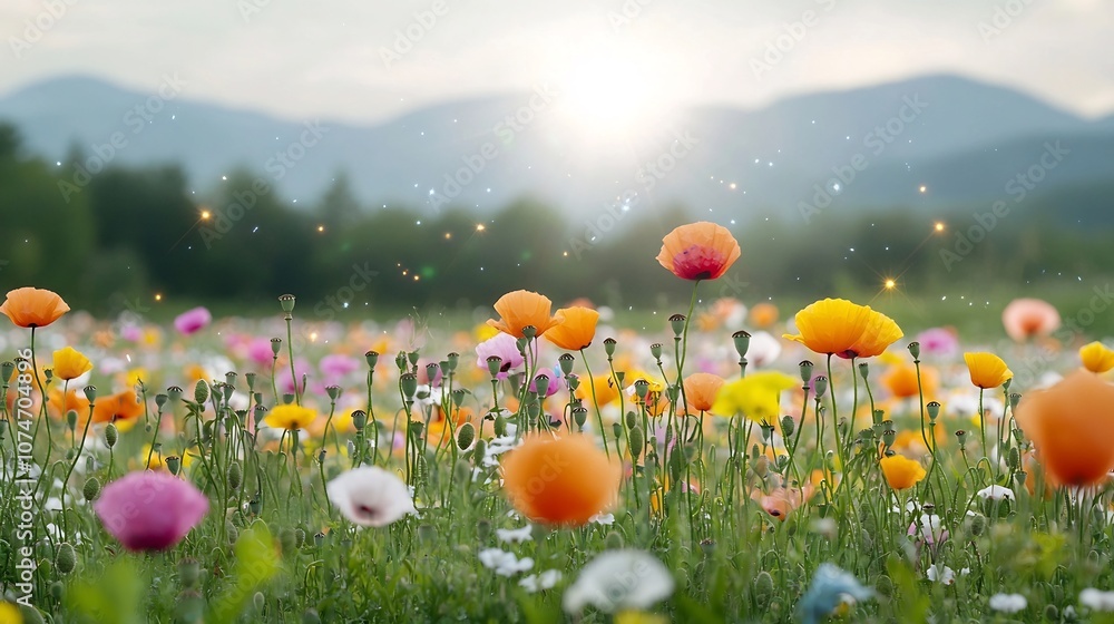 Poster breathtaking scenic view of a blooming poppy field filled with vibrant colors and softly illuminated