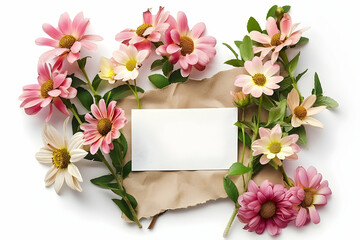 Obraz premium Beautiful handmade flowers arranged around blank greeting card isolated on white