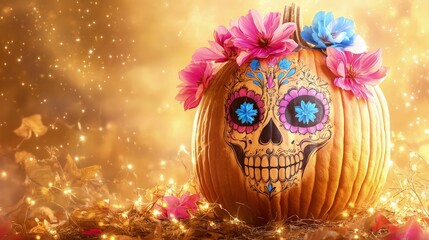 A pumpkin with intricate Catrina skull makeup, decorated with bright pink and blue flowers, set against a soft, blurred golden brown background with twinkling lights.
