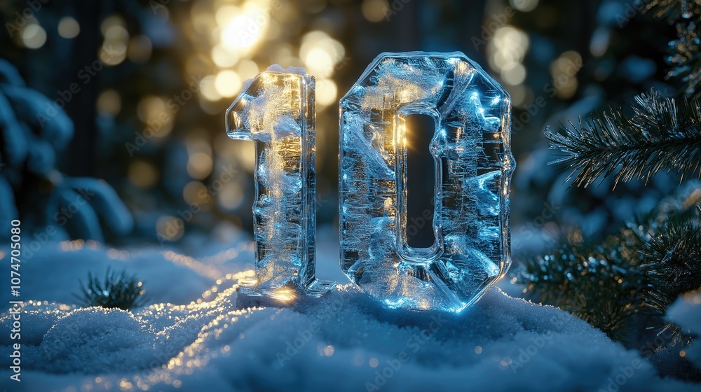 Poster number 10 made of ice sits in snowy forest with soft light glowing through transparent structure cre