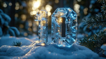 Number 10 made of ice sits in snowy forest with soft light glowing through transparent structure creating magical winter atmosphere