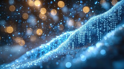 Digital waves of blue light with sparkling bokeh and binary code create futuristic imagery representing data and technology in abstract style with bright and dark tones