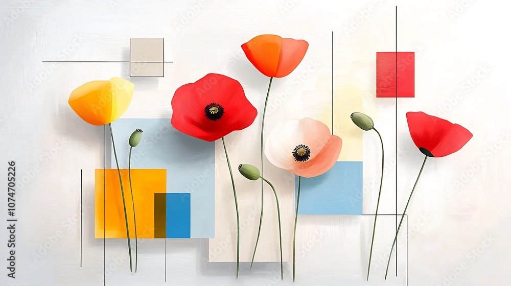 Poster striking digital painting of a vibrant modern abstract floral composition featuring stylized poppies