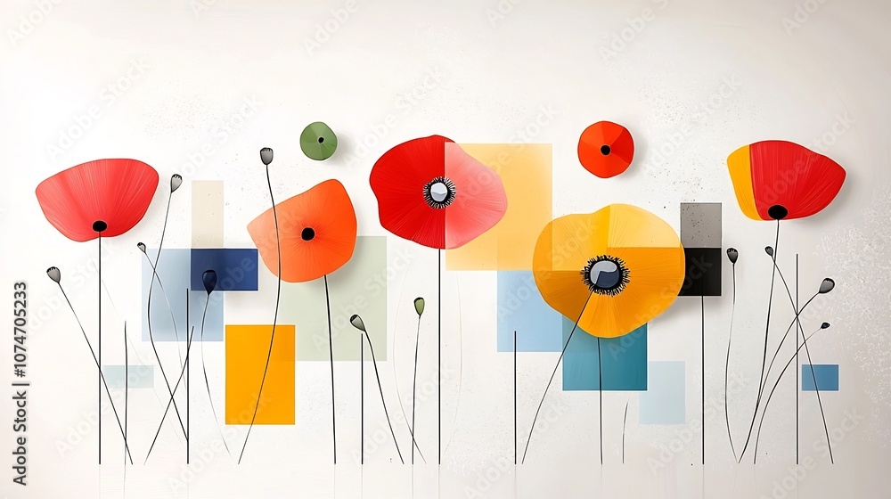 Leinwandbilder Vibrant and Captivating Digital Painting of Poppies in a Modern Abstract Style Featuring Bold Colors and Geometric Shapes to Create a Unique Floral Composition