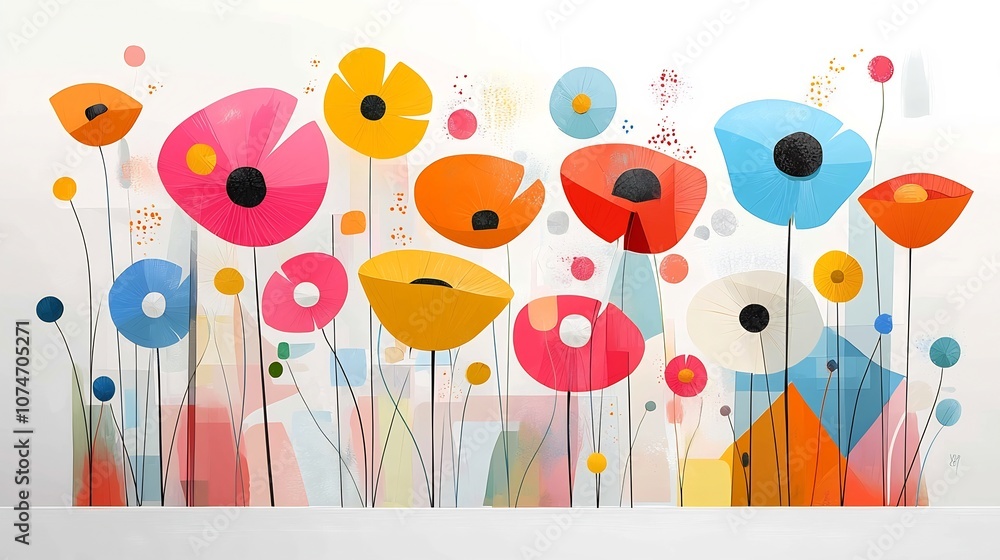 Poster Digital painting of vibrant poppies in a modern abstract style using bold colors and geometric shapes to create a unique and captivating floral composition