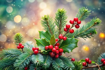 Elegant Christmas Holiday Foliage with Holly and Berries, Capturing the Spirit of Festive Decor and Greenery for a Warm Winter Celebration