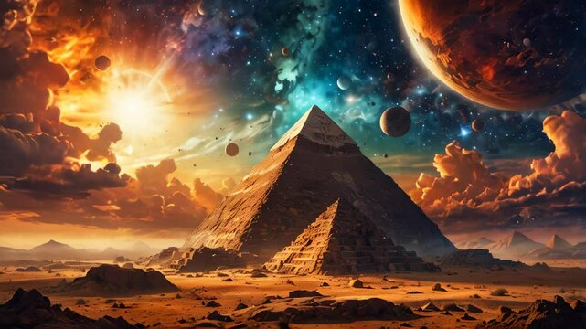 A pyramid of wisdom, surrounded by planets. Eternal temple of wisdom, esoteric, hermetic and cabal fantasy concept animation.