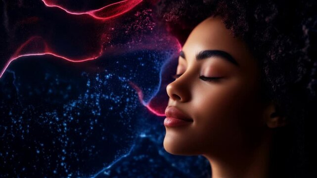  Woman with closed eyes, practicing meditation 