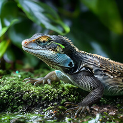 Fototapeta premium bay varnas Salvatore lizard closeup on moss varnas Salvatore lizard on moss