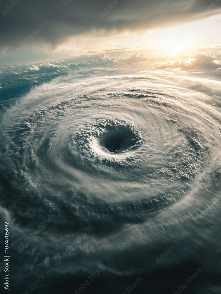 Poster A massive hurricane spins over the vast ocean, creating a dramatic whirlpool of clouds and turbulent winds as the sun sets. Generative AI