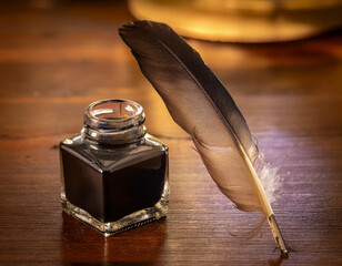 Close-Up of a Feather Pen with Ink Bottle on a Wooden Desk