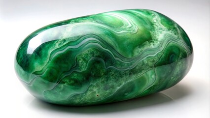 Fototapeta premium A Smooth, Ovoid Gemstone with Intricate Green and White Swirls, Displayed on a Pristine White Surface