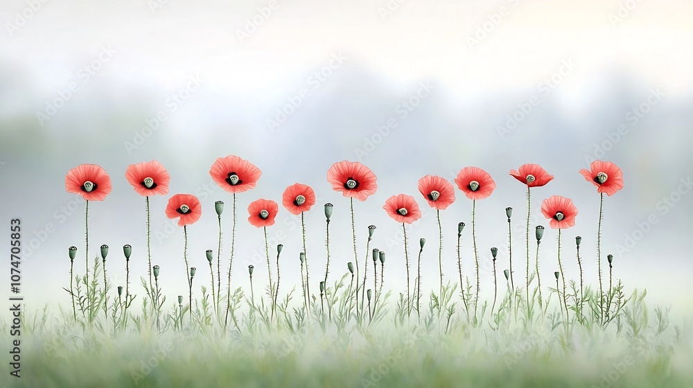 Poster delicate pastel drawing of vibrant poppies with soft blended colors and gentle shading evoking a dre