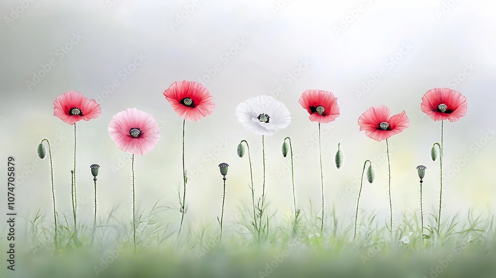Aufkleber pastel drawing of poppies with soft blended colors and gentle shading evoking a dreamy and delicate 