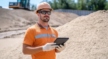 Fototapeta premium Construction site manager with safety glasses and a tablet, utilizing modern technology for onsite material assessment and project coordination in a construction environment.