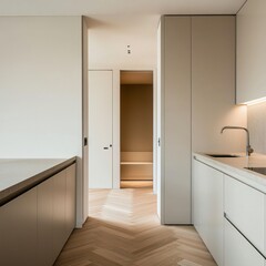 A kitchen with white cabinets and a counter