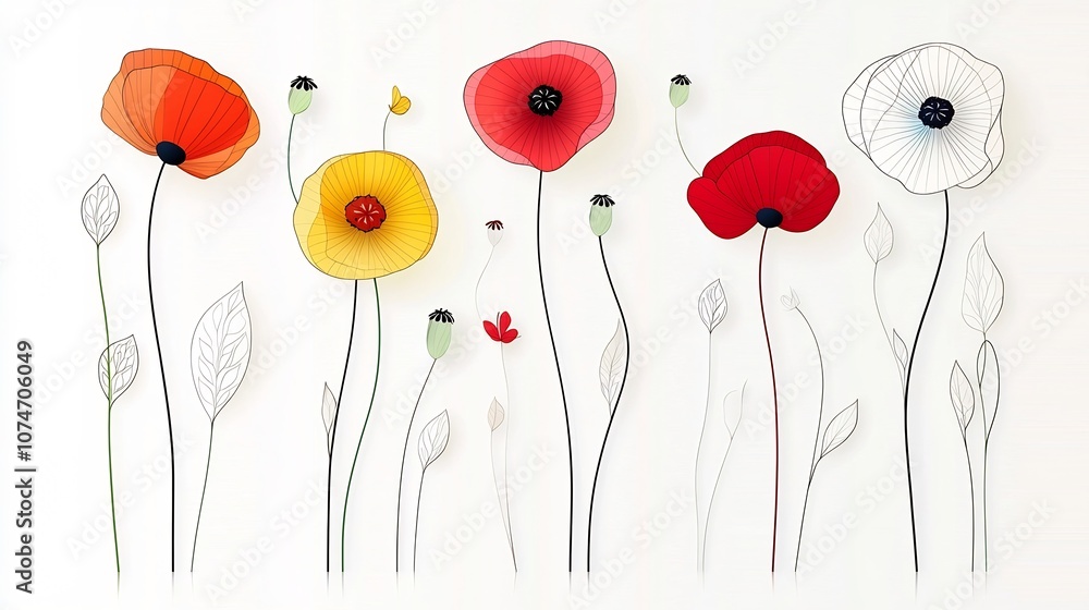 Poster vibrant and colorful poppy flower featuring a unique stained glass effect created with bold outlines