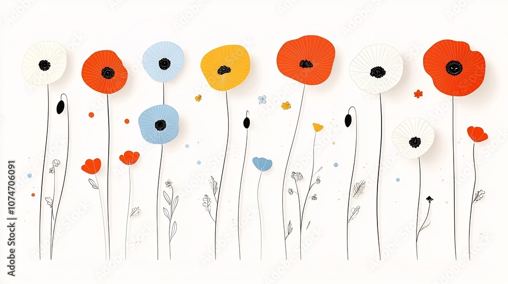 Poster vibrant and playful pop art style digital featuring colorful poppies with contrasting graphic outlin