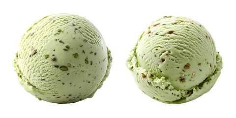 Two scoops of pistachio ice cream with nut pieces isolated on white background for dessert concep, Cutout, Isolated on White Background