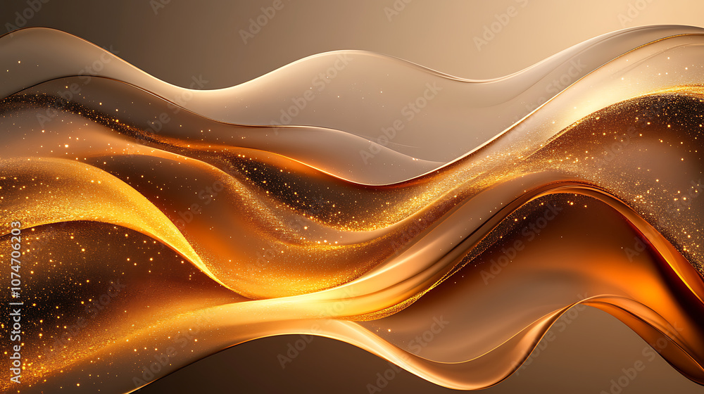 Poster smooth flowing shapes create elegant abstract background with golden hues and sparkling elements, ev