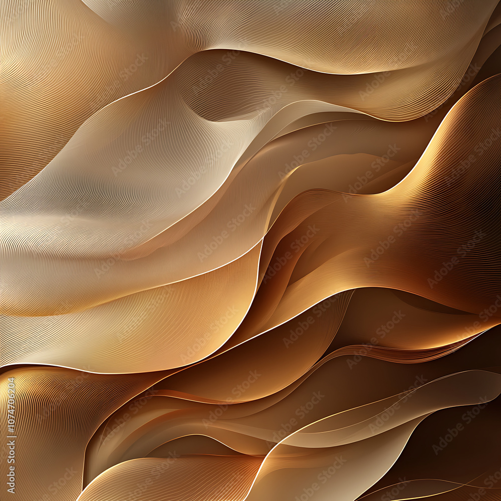 Poster abstract background featuring smooth flowing shapes in warm tones of gold and brown, creating sense 