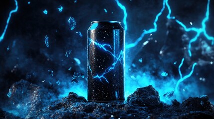 Aluminum can of energy drinks, aluminum can standing on a rock, blue lightning bolts